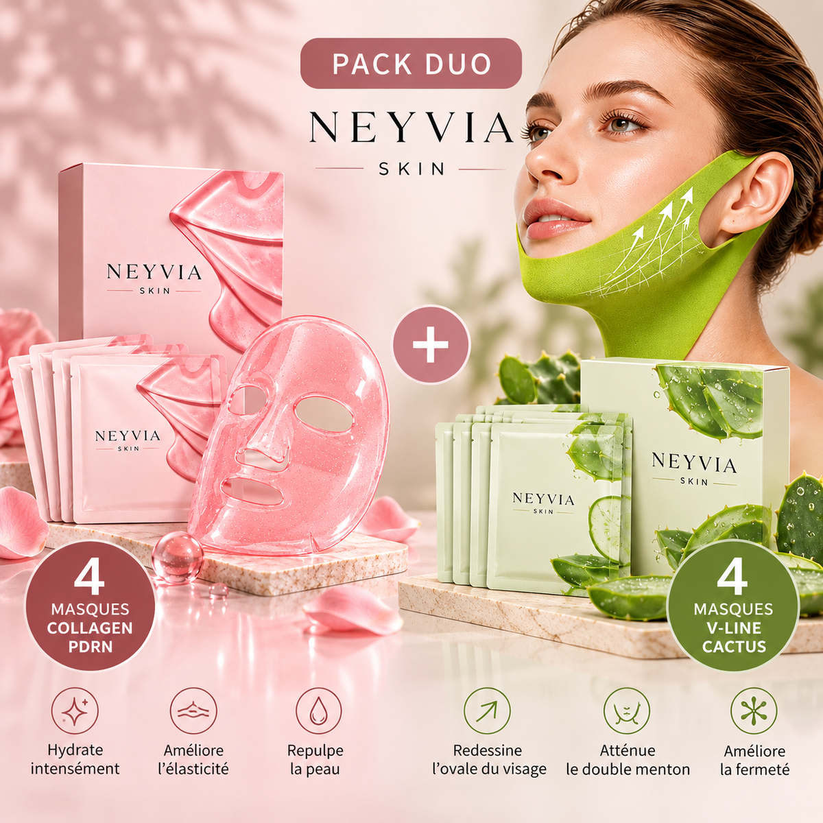 Pack Duo NEYVIA SKIN – 4 masques Collagène PDRN et 4 masques V-Line Cactus